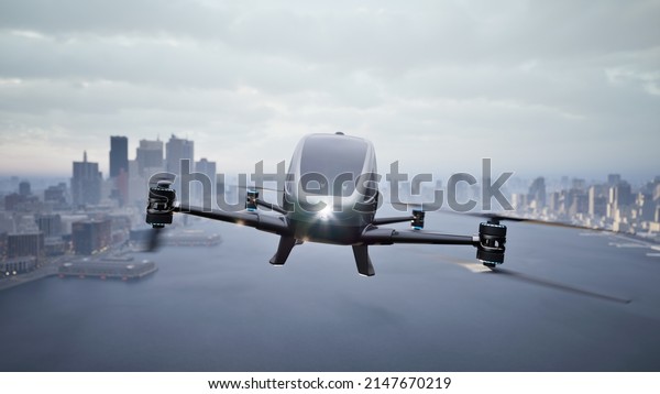 Autonomous driverless aerial vehicle fly across\
city, 3d\
render