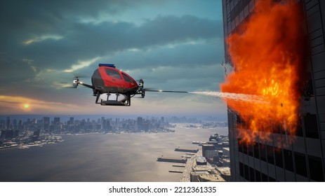 Autonomous Driverless Aerial Vehicle Spraying Foam For Extinguish The Fire, Smart 5G Technology Firefighting Drone Concept, 3d Render