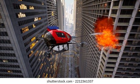 Autonomous Driverless Aerial Vehicle Spraying Foam For Extinguish The Fire, Smart 5G Technology Firefighting Drone Concept, 3d Render