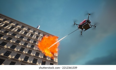 Autonomous Driverless Aerial Vehicle Spraying Foam For Extinguish The Fire, Smart 5G Technology Firefighting Drone Concept, 3d Render