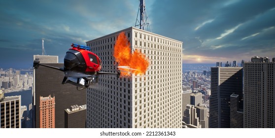 Autonomous Driverless Aerial Vehicle Spraying Foam For Extinguish The Fire, Smart 5G Technology Firefighting Drone Concept, 3d Render