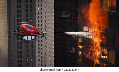 Autonomous Driverless Aerial Vehicle Spraying Foam For Extinguish The Fire, Smart 5G Technology Firefighting Drone Concept, 3d Render