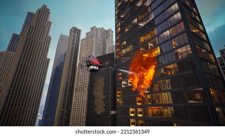 Autonomous Driverless Aerial Vehicle Spraying Foam For Extinguish The Fire, Smart 5G Technology Firefighting Drone Concept, 3d Render