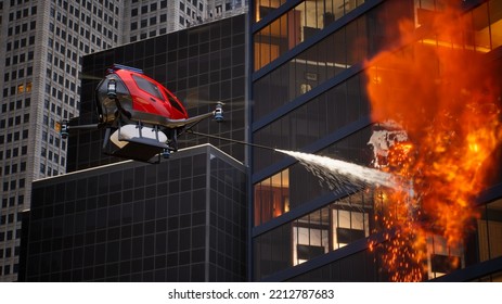 Autonomous Driverless Aerial Vehicle Spraying Foam For Extinguish The Fire, Smart 5G Technology Firefighting Drone Concept, 3d Render