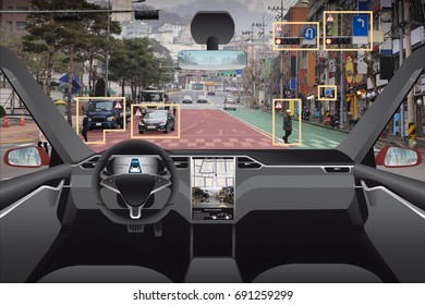 Autonomous Driverless Car With HUD (Head Up Display). Self-driving Vehicle On City Street