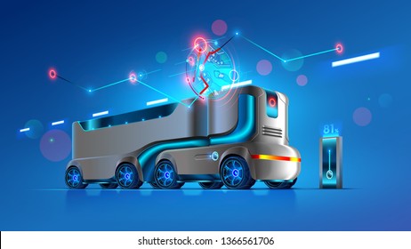 Autonomous Driverless Truck Follows The Specified Route On The Map. Automation Interurban Delivery Transport. Self-driving Vehicles Of Innovation Logistics. Iot Electric Automatic Lorry Carrying Cargo