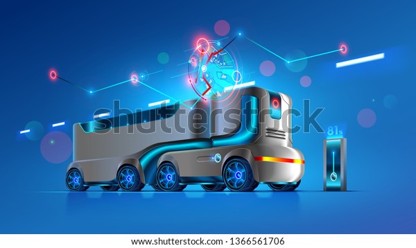 Autonomous driverless truck follows the specified\
route on the map. Automation interurban delivery transport.\
Self-driving vehicles of innovation logistics. Iot electric\
automatic lorry carrying\
cargo
