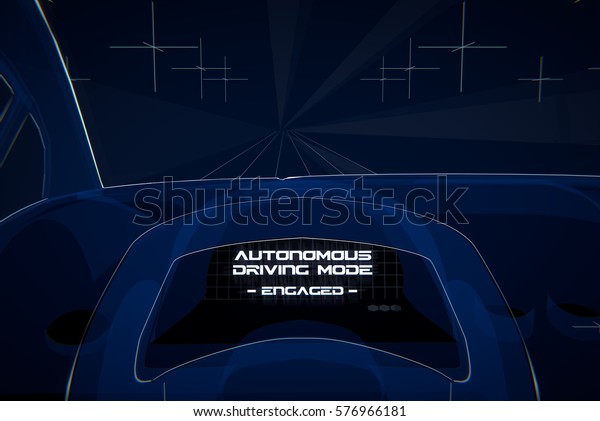 Autonomous driving 3D rendering illustrating\
a self-driving car with no hands at the\
wheel