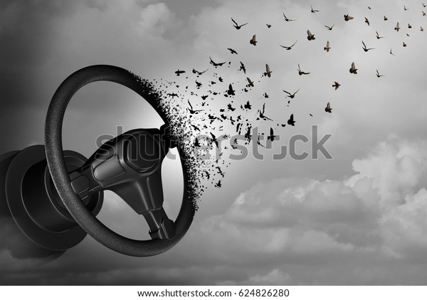Autonomous driving\
and autopilot self driver concept as an auto steering wheel\
transforming to birds as a surreal automobile idea or flying car\
icon with 3D illustration\
elements.