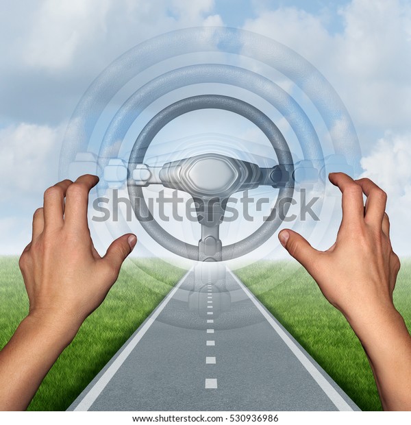 Autonomous driving concept and driverless\
automobile symbol as a driver on a road with hands off the steering\
wheel as a future intelligent transport technology with 3D\
illustration\
elements.