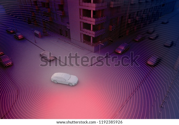 Autonomous driving concept illustration - 3d\
rendering showing lidar sensor\
use