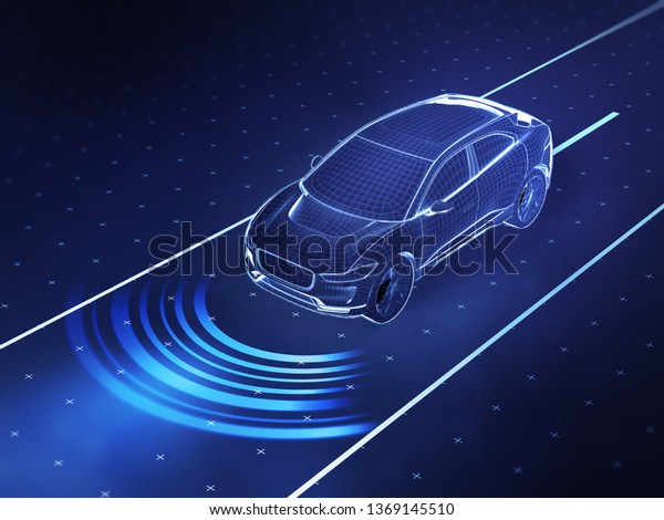 Autonomous driving concept illustration - 3d\
rendering showing sensor\
use