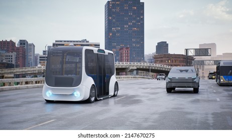 Autonomous Electric Bus Self Driving On Street, Smart Vehicle Technology Concept, 3d Render