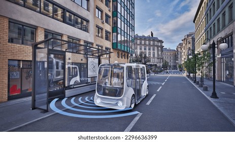 Autonomous electric bus self driving on street, Smart vehicle technology concept, 3d render