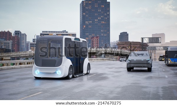 Autonomous electric bus self driving\
on street, Smart vehicle technology concept, 3d\
render