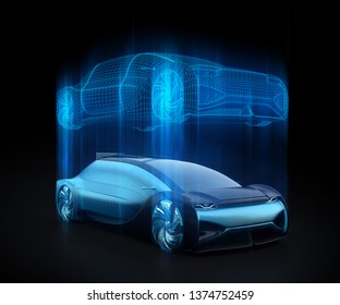 Autonomous Electric Car And Wireframe Rendering Of The Car Body On Black Background. Digital Twin Concept.  3D Rendering Image.