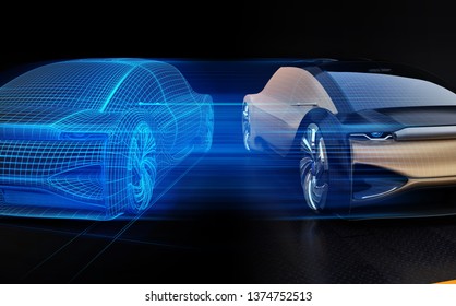 Autonomous Electric Car And Wireframe Rendering Of The Car Body On Right Side. Digital Twin Concept.  3D Rendering Image.