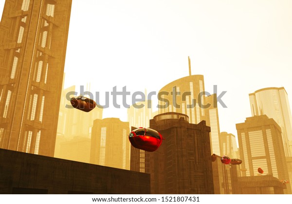 Autonomous Future Electric Vehicles in City\
Sunset 3D\
Illustration