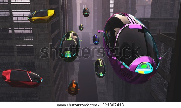 Autonomous Future Electric Vehicles in Night\
City 3D\
Illustration