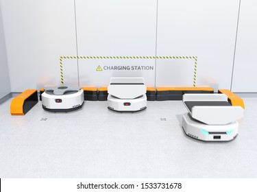 Autonomous Mobile Robots Charging In Modern Warehouse. Warehouse Automation Concept. 3D Rendering Image.