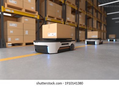 Autonomous Robot transportation in warehouses, Warehouse automation concept. 3D illustration