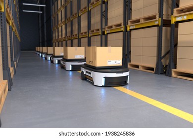 Autonomous Robot Transportation In Warehouses, Warehouse Automation Concept. 3D Illustration