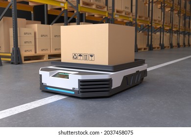 Autonomous Robot Transportation In Warehouses, Warehouse Automation Concept. 3D Illustration