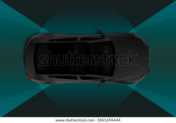 Autonomous Self Driving Car\
Visualization - Single Car With Blue Radar. Dark Colors. 3d\
Rendering.