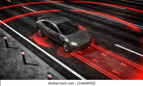 Autonomous self driving electric car rides on the road 3d rendering