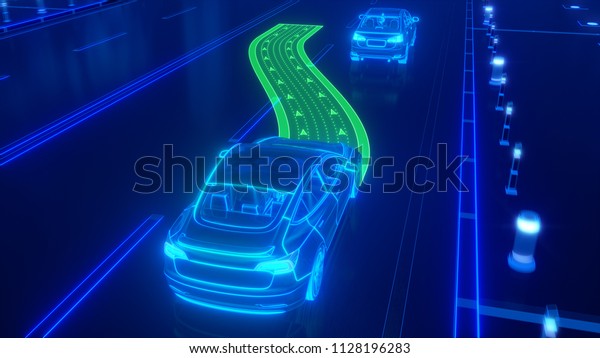 Autonomous self driving electric car\
change the lane and overtakes city vehicle 3d\
rendering