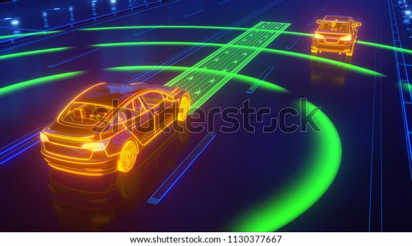 Autonomous self driving electric car
change the lane and overtakes city vehicle 3d
rendering