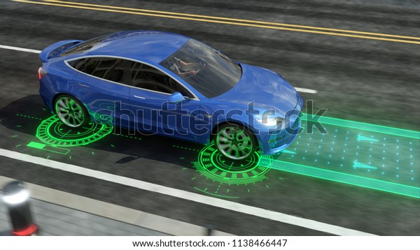 Autonomous self driving electric car rides on\
the road 3d\
rendering