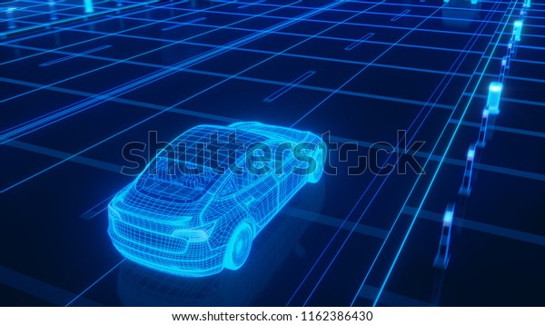 Autonomous self driving electric car\
change the lane and overtakes city vehicle 3d\
rendering