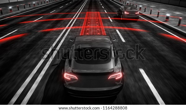 Autonomous self driving electric car change the\
lane and overtakes city\
vehicle