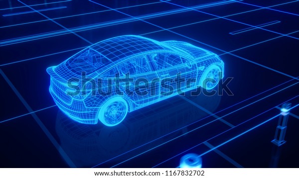 Autonomous self driving electric car rides on
the road 3d
rendering