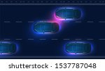 Autonomous smart car goes on the scans the road, observe the distance. Autonomous self driving electric car change the lane and overtakes city vehicle . Future HUD concept. Top view car.