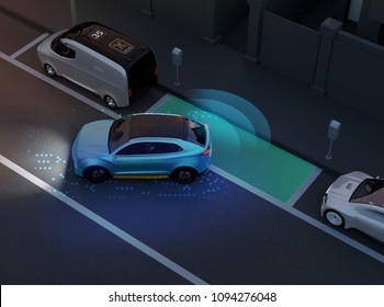 Autonomous SUV is parallel parking into parking lot at roadside. Night scene. Intelligent Parking Assist System concept. 3D rendering image.