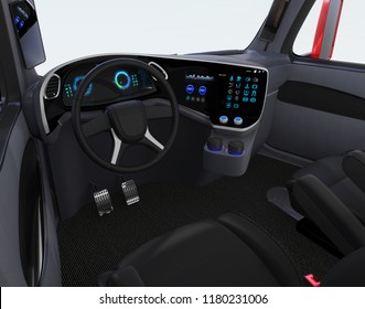 Autonomous Truck Interior With Black Seats And Touch Screen Instrument Panel. 3D Rendering Image.