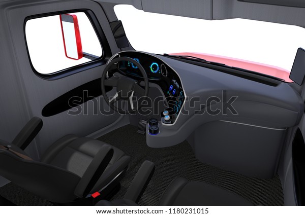 Autonomous truck interior with black\
seats and touch screen instrument panel. 3D rendering\
image.