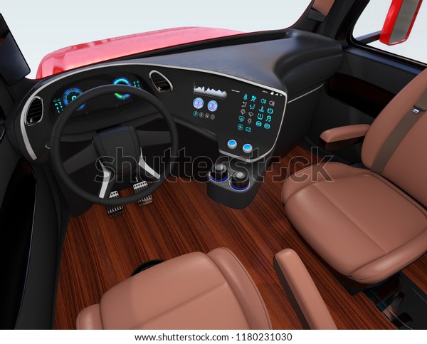 Autonomous truck interior with brown seats and\
flooring. 3D rendering\
image.