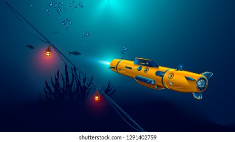 Autonomous Underwater Drone Or Robot With Camera Exploration Seabed. Seabed Underwater And Rays Of Sunlight Shining Through Water.