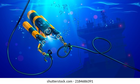 Autonomous Underwater Rov Or Drone With Manipulators Or Robotic Arms. Modern Remotely Operated Underwater Vehicle. Subsea Robot For Deep Underwater Exploration Sea Bottom In Place Shipwreck Of Ship.