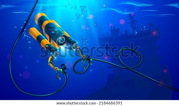 Autonomous underwater rov or drone with\
manipulators or robotic arms. Modern remotely operated underwater\
vehicle. Subsea robot for deep underwater exploration sea bottom in\
place shipwreck of\
ship.