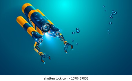 Autonomous Underwater Rov With Manipulators Or Robotic Arms. Modern Remotely Operated Underwater Vehicle. Fictitious Subsea Drone Or Robot For Deep Underwater Exploration And Monitoring Sea Bottom.