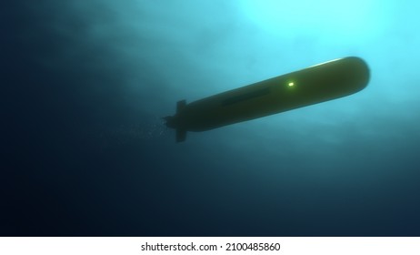 Vehículo subacuático autónomo (VU) que circula bajo la superficie del agua para inspeccionar el oleoducto marino (3d de renderización)
