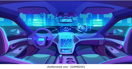 Autonomous Vehicle Of Future Interior, Futuristic Car Interior Design. Illustration, Monitors And Steering Wheel, Sensor With Applications And Navigations. Driverless Function For Drivers