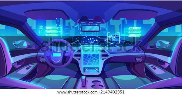 Autonomous vehicle of future interior, futuristic\
car interior design. illustration, monitors and steering wheel,\
sensor with applications and navigations. Driverless function for\
drivers