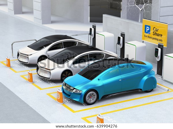 Autonomous vehicles in parking lot\
for sharing. Car sharing business concept. 3D rendering\
image.