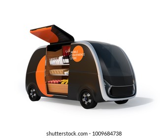 Autonomous vending car with side door opened. The vending car is equipped with shelf for selling foods, drinks and grocery. Mobile convenience store concept. 3D rendering image. - Powered by Shutterstock