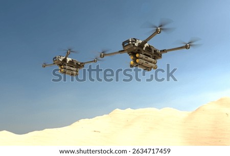 Autonomous war drones flying in the sky. 3D illustration